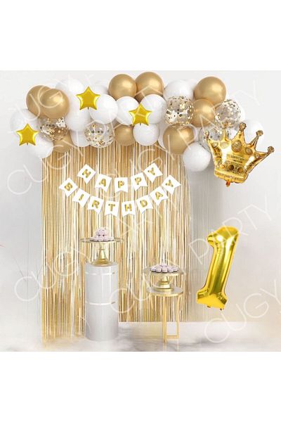 CUGY Gold White King & Queen Crowned 1 Year Old Optional Star Detail Birthday Party Celebration Set