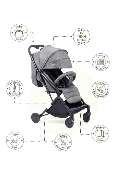 Bonfino Bonfino Feather Lite Compact Tri-fold Cabin Stroller, Grey Linen Fabric, Adjustable Canopy - Grey