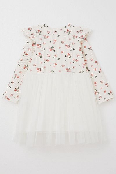 Breeze Girls' Dress for Ages 3-8 - Long Sleeve, Floral Print and Bow, Ecru