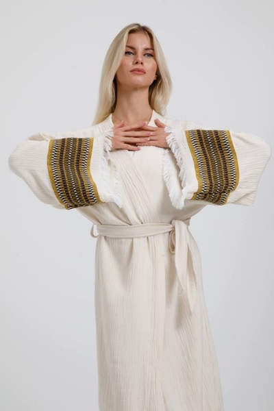 Befera Design Muslin Kimono 100% Cotton Camel Camel Patterned Bathrobe Caftan Dressing Gown