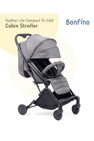 Bonfino Bonfino Feather Lite Compact Tri-fold Cabin Stroller, Grey Linen Fabric, Adjustable Canopy - Grey