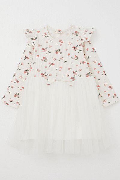 Breeze Girls' Dress for Ages 3-8 - Long Sleeve, Floral Print and Bow, Ecru