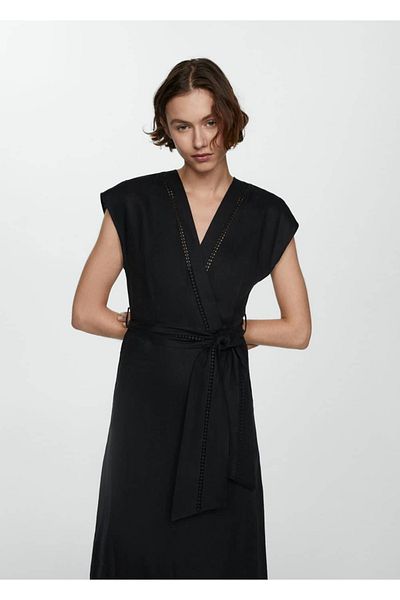 MANGO Woman Λεπτομερές φόρεμα 100% λινό δέσιμο