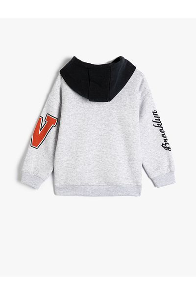Koton Boy's Gray Color-Blocked Hooded Sweatshirt - College Print, Long Sleeve 4Wkb10015Tk