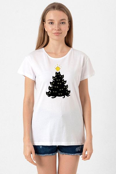 Tshirthane Meowy Christmas White Women's Crew Neck Tshirt