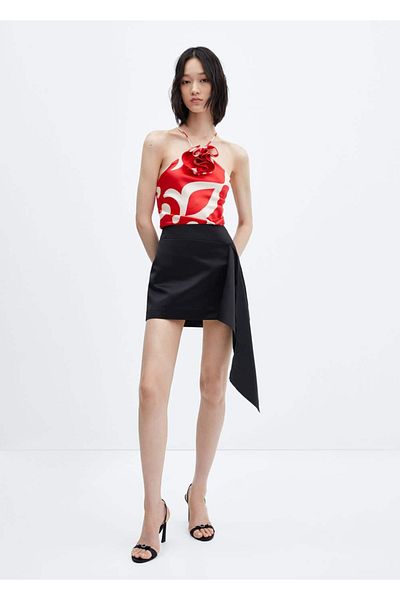 MANGO Woman Decorative Floral Patterned Satin Blouse