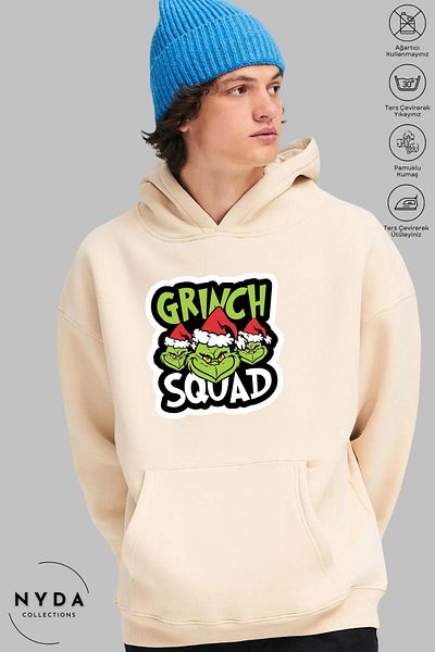 Nyda Collections Grinch Πρωτοχρονιάτικο χριστουγεννιάτικο εμπριμέ φούτερ με κουκούλα - μακρυμάνικο, ράστερ, υπερμεγέθη βαμβακερό