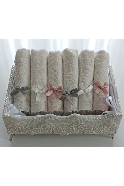 FNT Footed Velvet Guipure Towel Holder Organizer and 6 Cotton Scalloped Bows ...