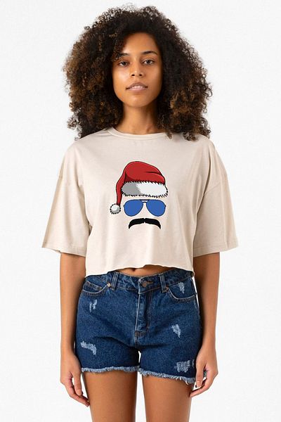 Tshirthane Mustache Christmas Hero Beige Women's Crop Tshirt