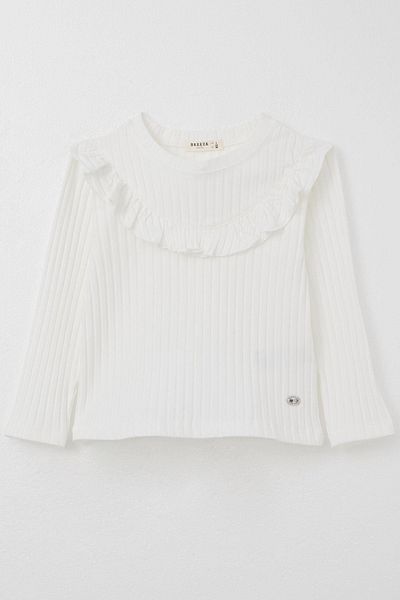 Breeze 3-8 Years Old Girl's Ecru Long Sleeve T-Shirt Collar Ruffled Emblem