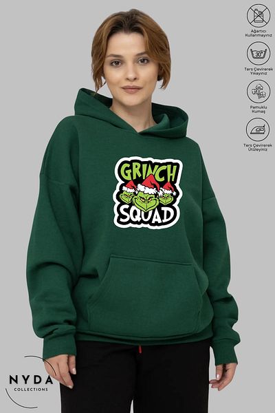 Nyda Collections Grinch Πρωτοχρονιάτικο χριστουγεννιάτικο εμπριμέ φούτερ με κουκούλα - μακρυμάνικο, ράστερ, υπερμεγέθη βαμβακερό