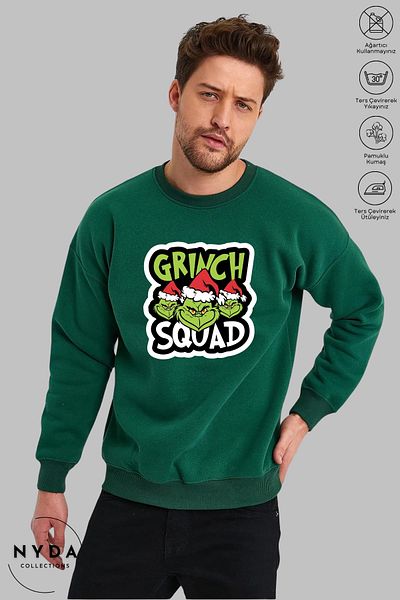 Nyda Collections Grinch Πρωτοχρονιάτικο χριστουγεννιάτικο μοτίβο Unisex Oversize φούτερ χωρίς κουκούλα με λαιμόκοψη