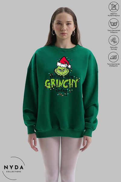 Nyda Collections Unisex μακρυμάνικο Feel Grinch Πρωτοχρονιάτικο φούτερ με στάμπα με λαιμόκοψη χωρίς κουκούλα