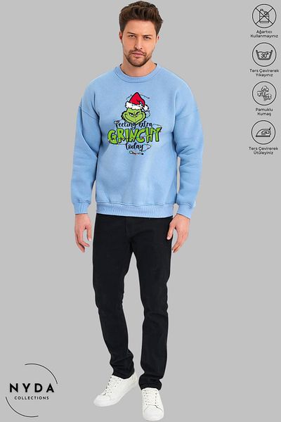 Nyda Collections Hanorac oversize unisex cu mânecă lungă Feel Grinch, cu imprimeu de Anul Nou, cu gâtul turn, fără glugă