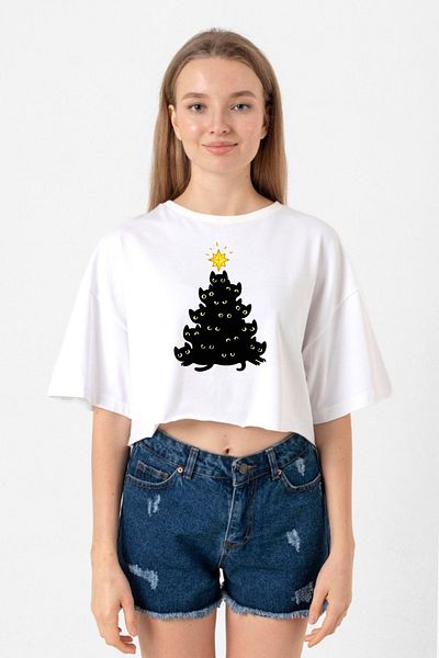 Tshirthane Meowy Christmas White Women's Crop T-Shirt
