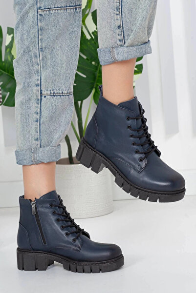 mermaid shoes Kadın Lacivert Hakiki Deri Bağcıklı Bot