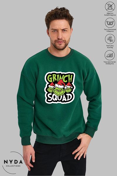 Nyda Collections Grinch Πρωτοχρονιάτικο χριστουγεννιάτικο μοτίβο Unisex Oversize φούτερ χωρίς κουκούλα με λαιμόκοψη