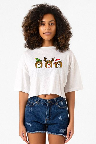 Tshirthane 3 Wise Beagles Christmas White Melted Women's Crop Tshirt