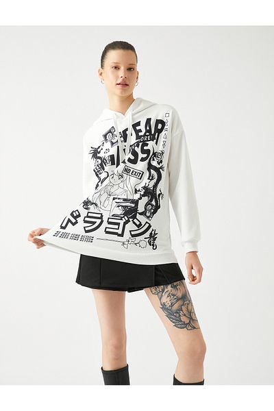 Koton Oversize Anime Sweatshirt Hooded Back Printed