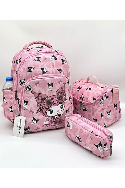 ms mixxstore Rucsac pentru școală primară pentru fete cu model de caractere pudră, cu alimentare din folie și suport pentru stilou