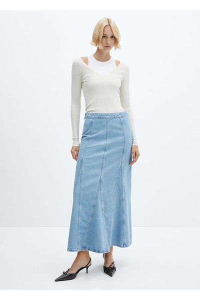 MANGO Woman Fustă lungă din denim cu cusături