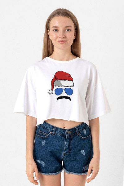 Tshirthane Mustache Christmas Hero White Women's Crop Tshirt