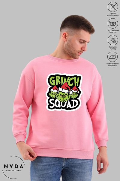 Nyda Collections Grinch Πρωτοχρονιάτικο χριστουγεννιάτικο μοτίβο Unisex Oversize φούτερ χωρίς κουκούλα με λαιμόκοψη