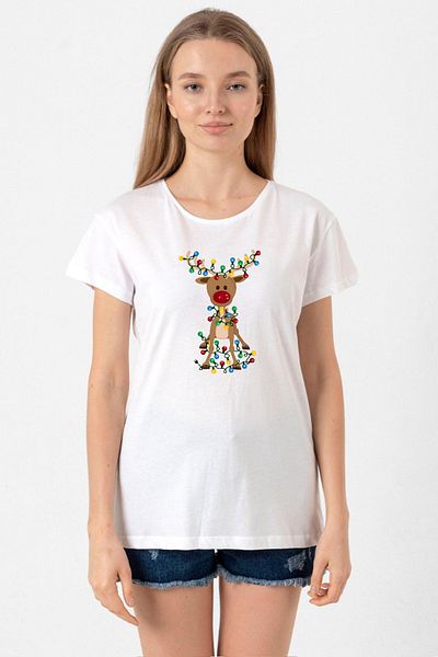 Tshirthane Adorable Reindeer Christmas White Women's Crew Neck Tshirt