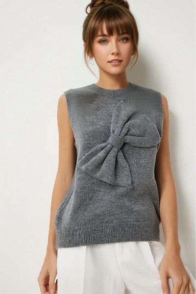 Luna Carina Anthracite Women's Knitwear Sweater with Bow