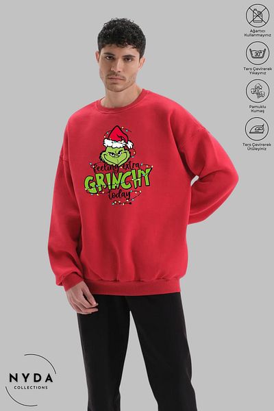 Nyda Collections Унисекс суитшърт с дълъг ръкав, коледен щампа Feel Grinch и кръгло деколте, без качулка и повдигнати елементи