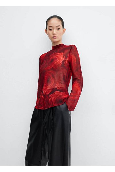 MANGO Woman Detaillierte gemusterte Bluse zum Binden