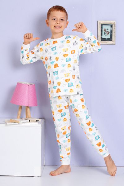elmas kids Boys and Baby Orange-Ecru Cute Forest Animals Print 100% Cotton Pajamas Set