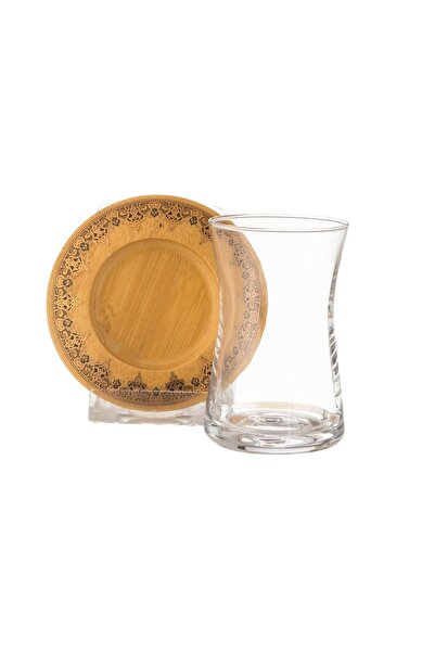 Dania طقم شاي مكون من 6 فناجين شاي زجاجية شفافة و6 صحون خشبية بنقوش عصرية مميزة