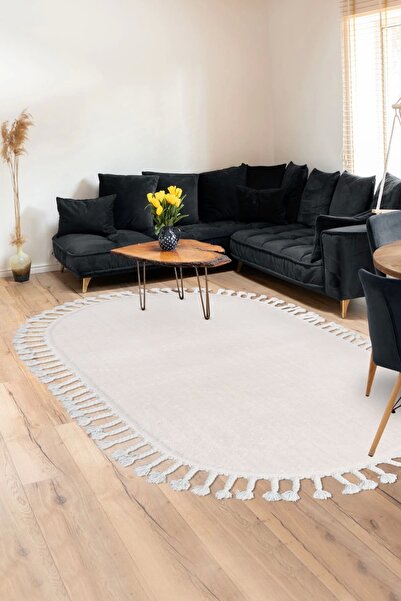 Dijidekor Peluş Halı Açık Vizon Cool Saçaklı Oval Kesme Post Yolluk Kilim Sal...