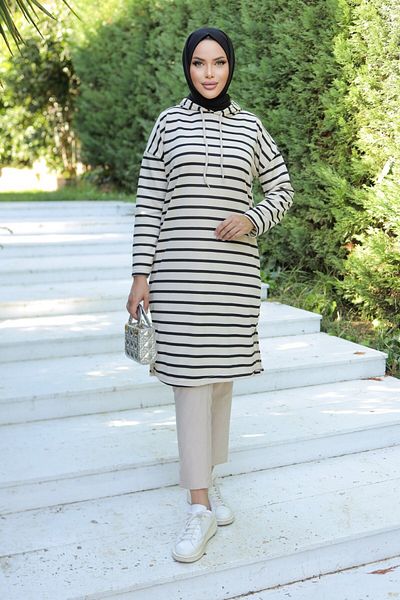 DemyButiqe Black Hijab Tunic Sweatshirt - Hooded and Striped