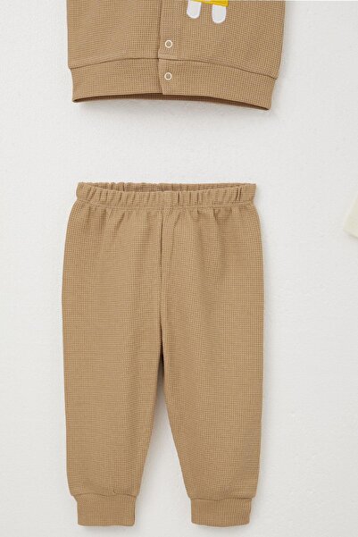 Breeze Bodysuit Embroidered Hooded Bunny for 4 Months-1 Year Old Baby Boy - Dark Beige 3-Piece Set