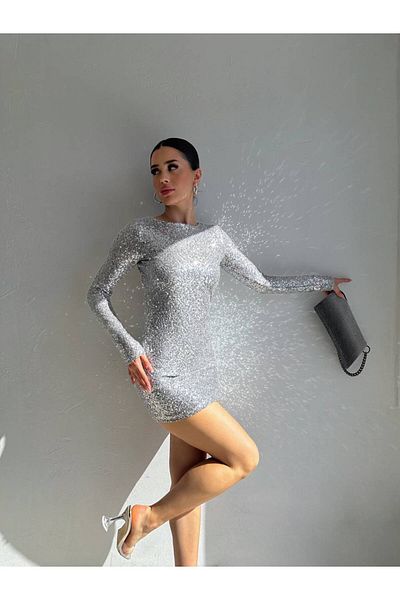 S&A Collectionn Rochie mini de damă, argintie, cu decolteu rotund, fără spate