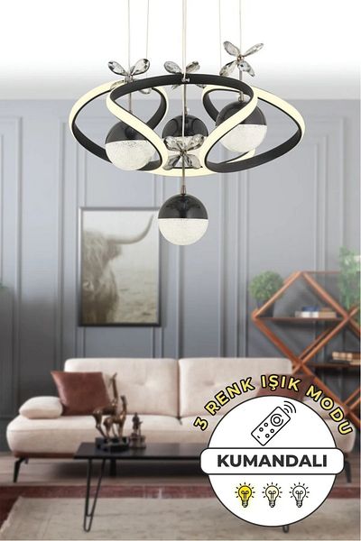 VENON Octavia Controlled 3 Color Light Featured Modern Black Pendant Lamp Led Chandelier Living Room Chandelier