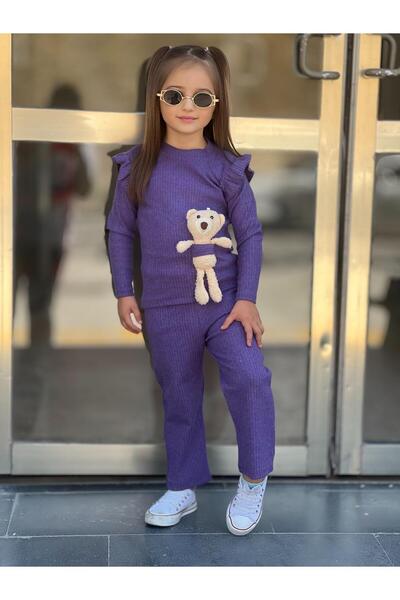 renkli diyar Kız Çocuk Alt Üst Takım Uzun Kollu Bluz Bol Ispanyol Paça Pantolon Ve Ayıcık Ile Takım