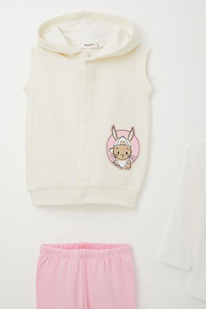 Breeze Baby Girl Bodysuit 3 Piece Set Cute Rabbit Embroidered 4 Months-1 Year Old, Cream