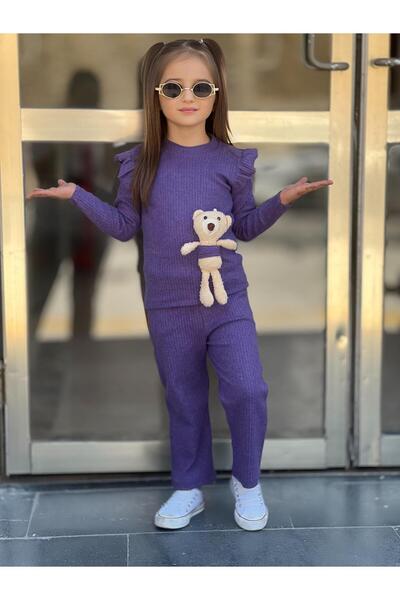 renkli diyar Kız Çocuk Alt Üst Takım Uzun Kollu Bluz Bol Ispanyol Paça Pantolon Ve Ayıcık Ile Takım