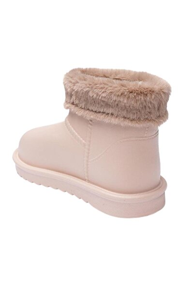 Liger Yuvarlak Burun Kadın Kürklü Kısa Yağmur Botu BEJ