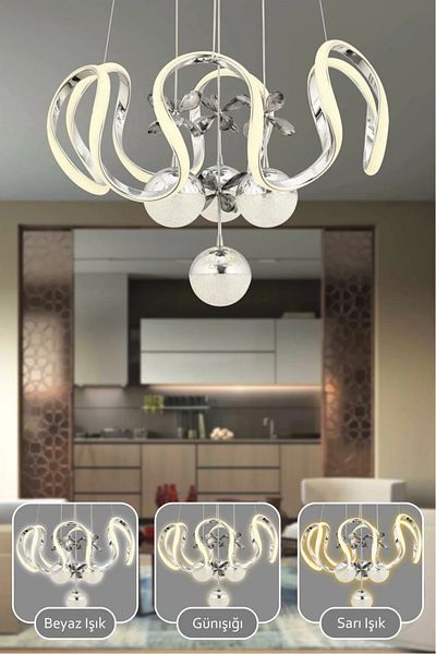 VENON Oliver Controlled 3 Color Light Featured Modern Chrome Plated Pendant Lamp Led Chandelier Living Room Chandelier