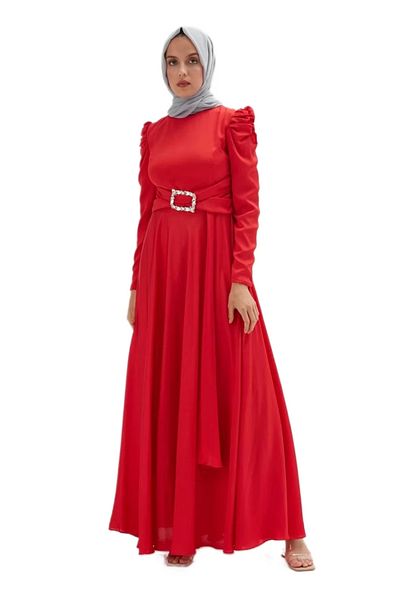 PHELDA Waist Detailed Satin Evening Dress 711-red