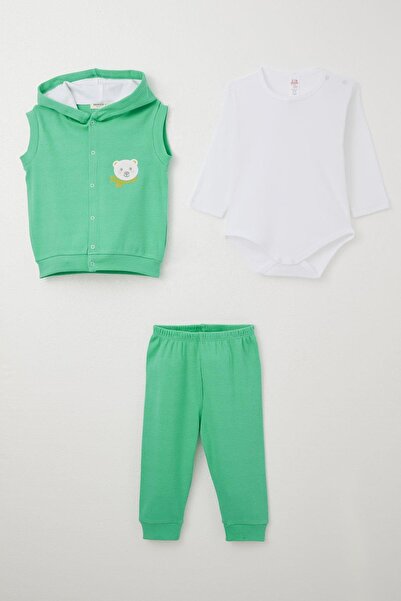 Breeze Erkek Bebek Zıbınlı 3 Lü Takım Sevimli Ayıcık Nakışlı Kapüşonlu 4 Ay-1...