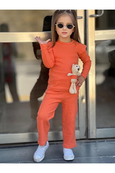renkli diyar Girl's Top and Bottom Set Long Sleeve Blouse Loose Flared Leg Pants and Teddy Bear Set