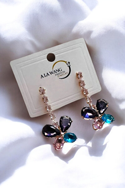 PETEK AKSESUAR PASTEL GÖKKUŞAĞI ZİRKON TAŞLI ŞIK KÜPE 4 CM.