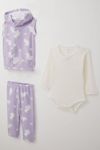 Breeze Lilac Fleece Star Patterned 3-Piece Bodysuit Baby Girl Set - for 4 Months