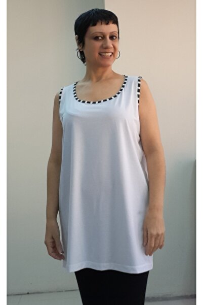 Mertcan Butik White Black and White Piping Detailed Thick Strap Combed Cotton Viscose T-Shirt