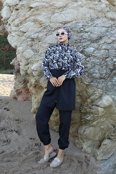 new ats Spring Patterned 3-Piece Hijab Swimsuit with Adjustable Elastic Waist Black and White